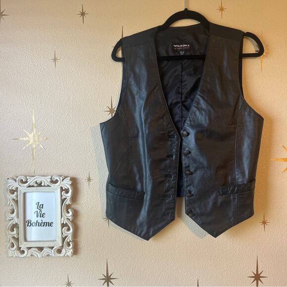90s Wilsons Leather Classic Black 100% Leather Vest size Large EUC - Picture 1 of 15